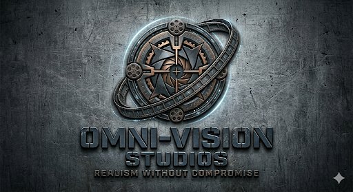 Omni-Vision Studios logo — a bronze film-reel compass emblem ringed by a strip of film, mounted on brushed steel over the name 'Omni-Vision Studios' and the tagline 'Realism Without Compromise'
