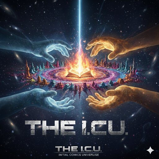 The I.C.U. — Initial Comics Universe official logo art: hands reaching toward a burning book above a ring of cities