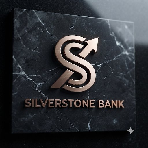 Silverstone Bank logo variant — the bronze interlocked 'S' with an upward arrow mounted on a black marble plaque, above the name 'Silverstone Bank' in bronze letters