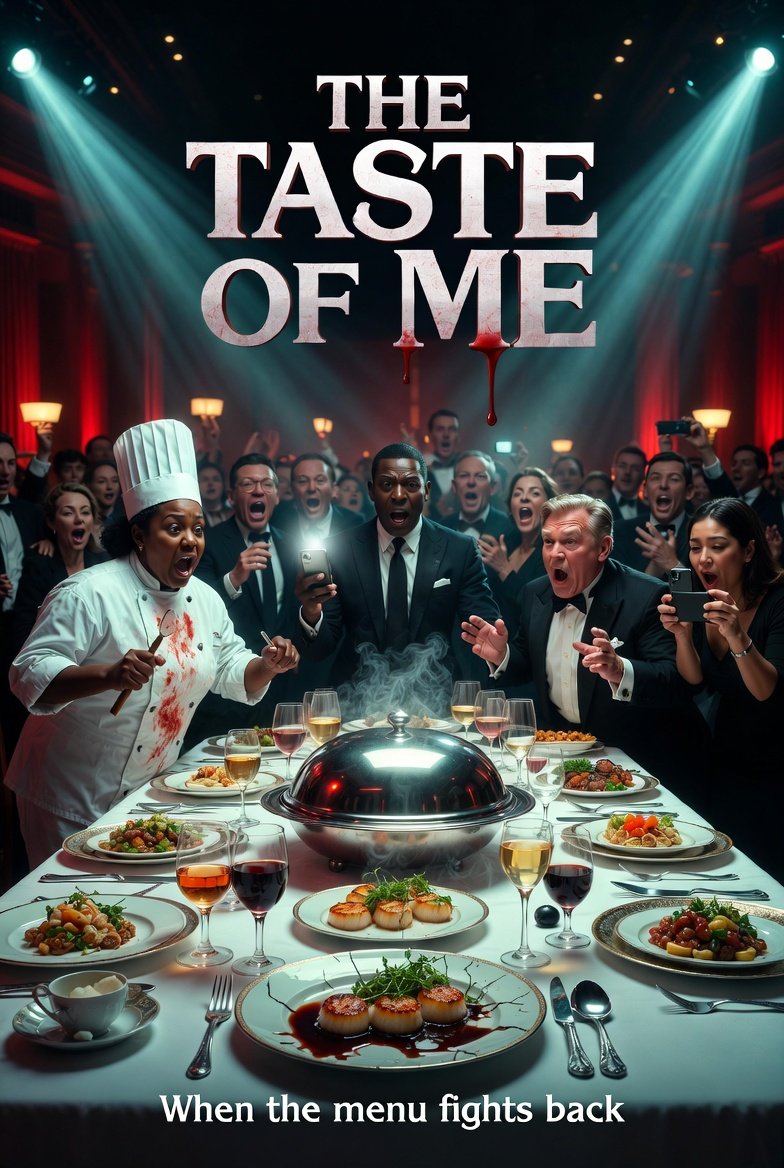 The Taste of Me — official movie poster: a blood-spattered chef and horrified dinner guests around a banquet table under the dripping title, tagline 'When the menu fights back'