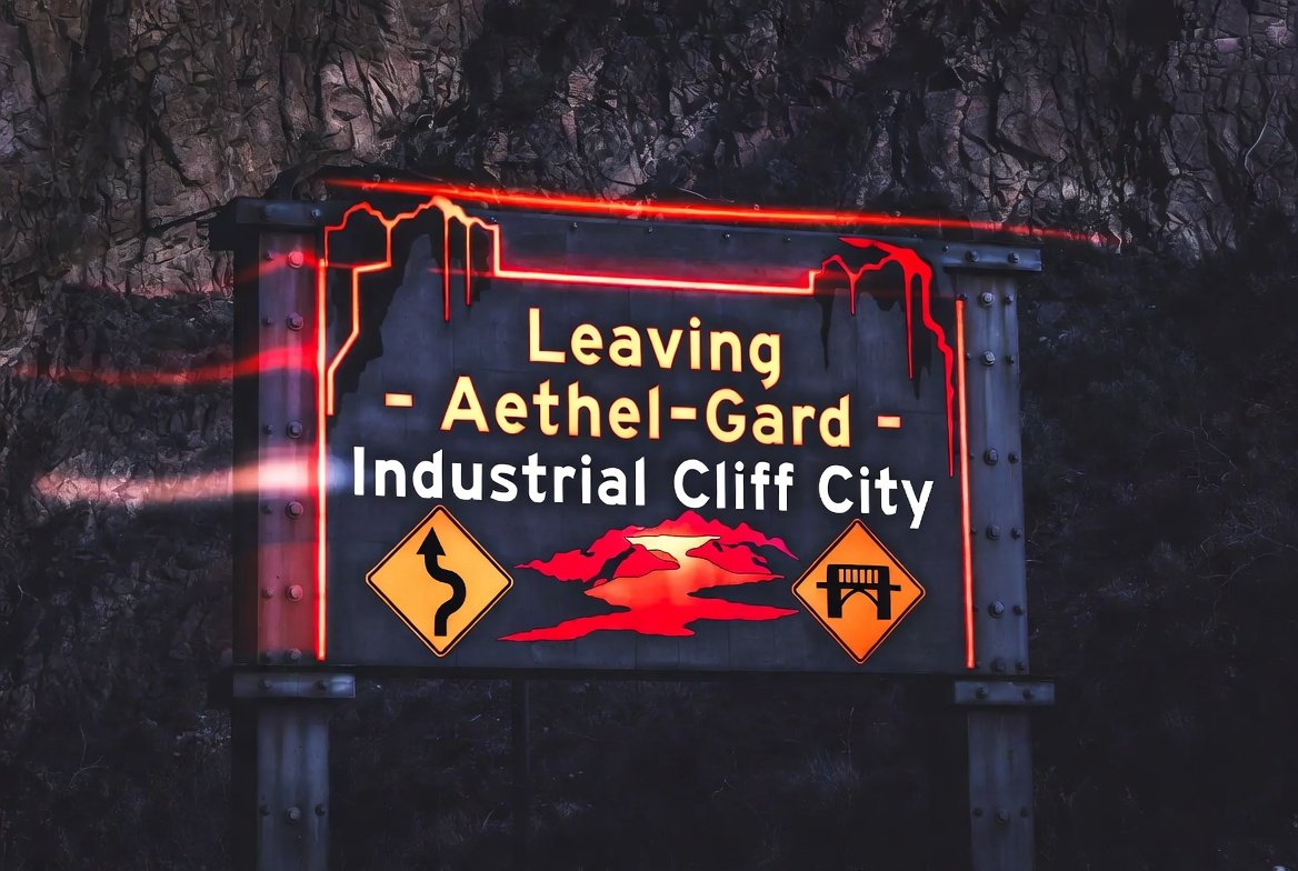 Aethel-Gard boundary sign — a riveted steel road sign lit in red neon, mounted on a cliff face, reading 'Leaving - Aethel-Gard - Industrial Cliff City' above winding-road and bridge warning markers