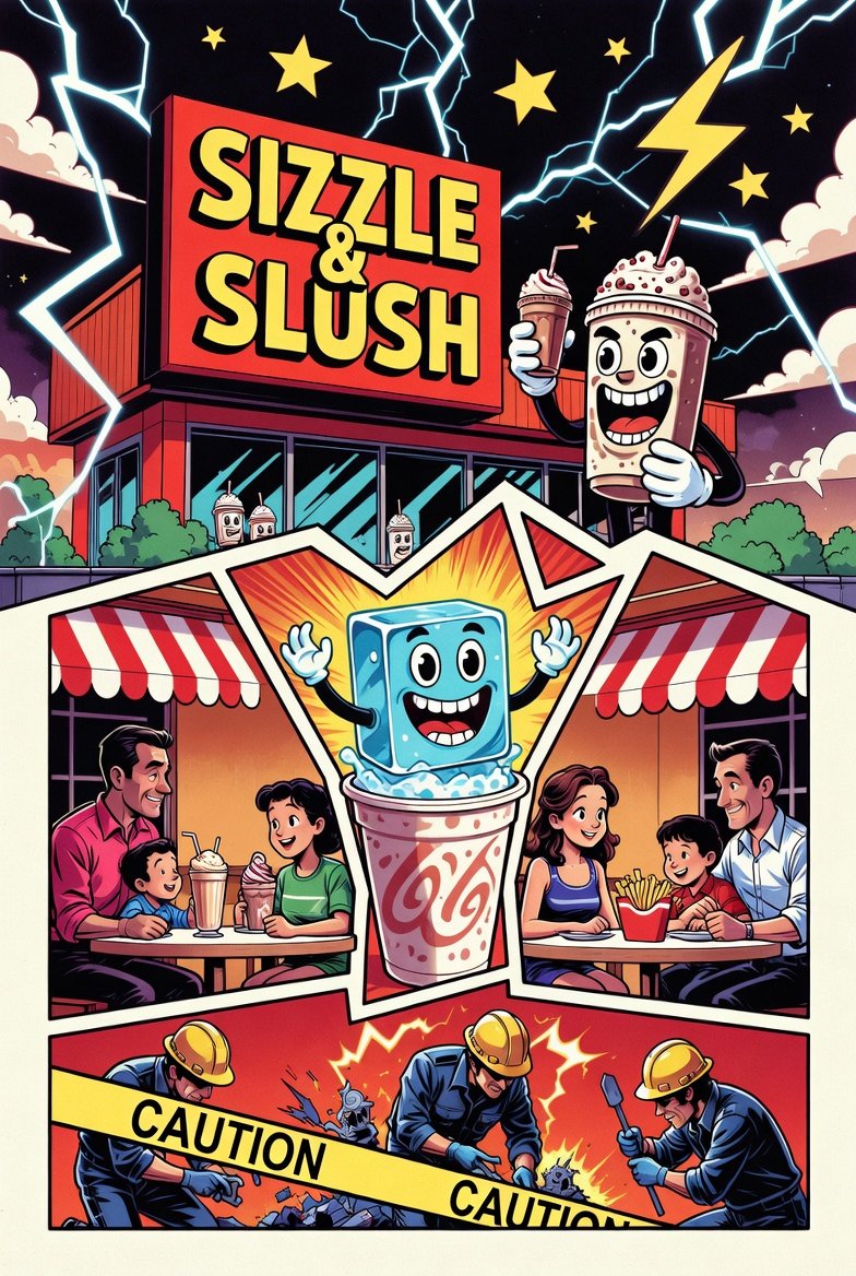 Sizzle & Slush comic-style storefront poster — the red restaurant sign and grinning slush-cup mascot over comic panels of families eating at the tables, the ice cube mascot bursting from a cup, and a caution-taped repair crew digging below