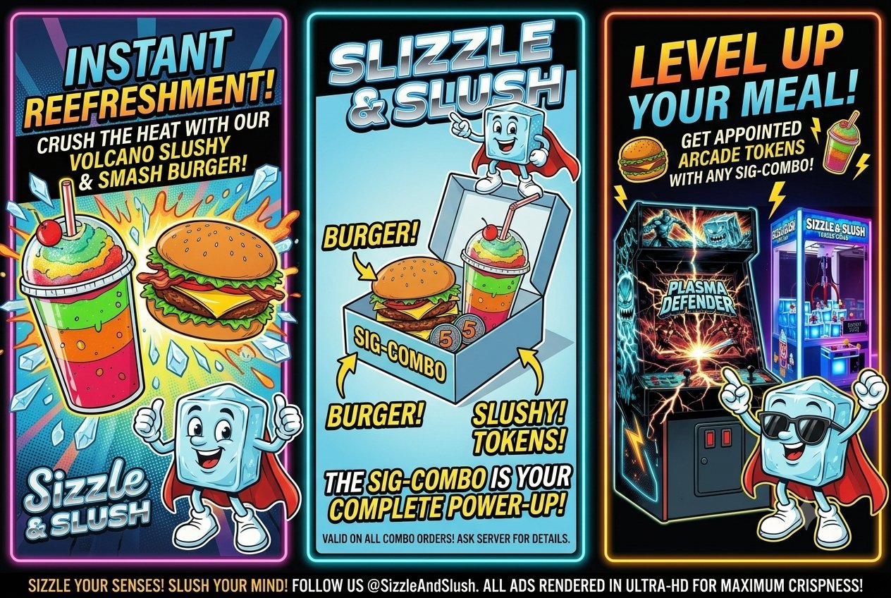 The Sizzle & Slush ad trio — three neon posters: 'Instant Refreshment' with the Volcano Slushy and Smash Burger, the Sig-Combo box with burger, slushy, and tokens, and 'Level Up Your Meal' with appointed arcade tokens at the Plasma Defender cabinet