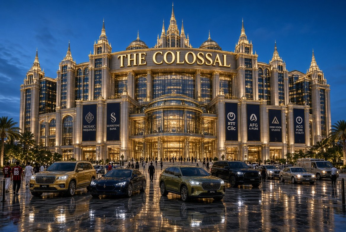 The Colossal at night — the illuminated mall palace in Mecca Prime, its wet plaza filled with cars and citizens beneath banners for Mosaic Frequencies, Silverstone Bank, NTT Ciic, AFG A-Pure, Omni-Vision Studios, and ACG Pure Vitality