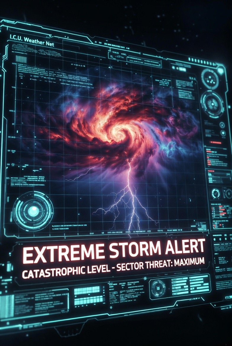 I.C.U. Weather Net storm board — a holographic sector display tracking a massive red and violet storm vortex with a lightning strike, under the headline 'Extreme Storm Alert — Catastrophic Level — Sector Threat: Maximum'