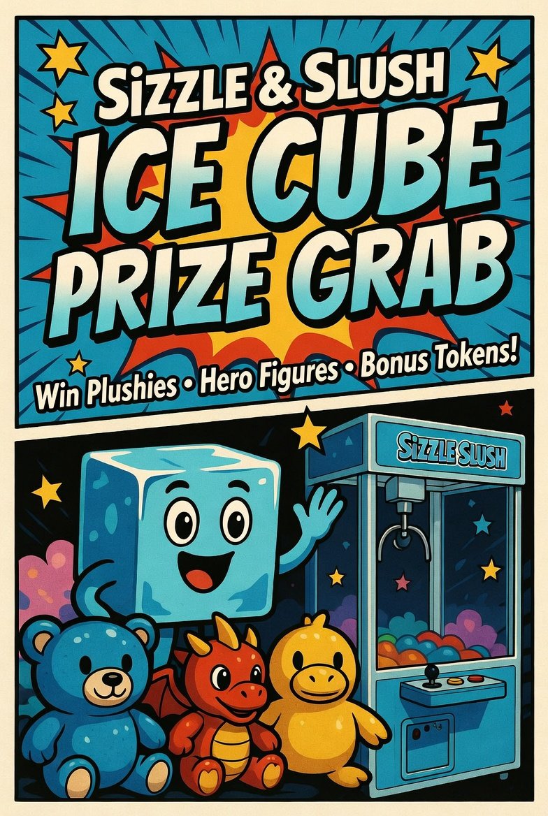 Sizzle & Slush Ice Cube Prize Grab poster — the smiling ice cube mascot waving over plush prizes, a teddy bear, a baby dragon, and a duck, beside the Sizzle Slush claw machine, under the headline 'Ice Cube Prize Grab' and the line 'Win Plushies • Hero Figures • Bonus Tokens!'