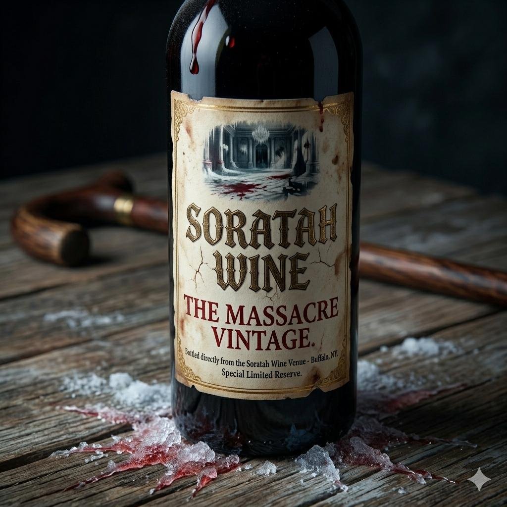 Soratah Wine — 'The Massacre Vintage' product shot: a dark bottle with a blood-stained vintage label depicting a ruined ballroom, a wooden cane on the table behind it, red wine frozen in spilled ice at its base