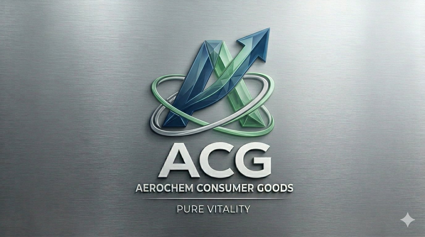AeroChem Consumer Goods logo on brushed steel — a faceted blue-green 'A' with a rising arrow and orbit rings above the name 'ACG — AeroChem Consumer Goods' and the tagline 'Pure Vitality'