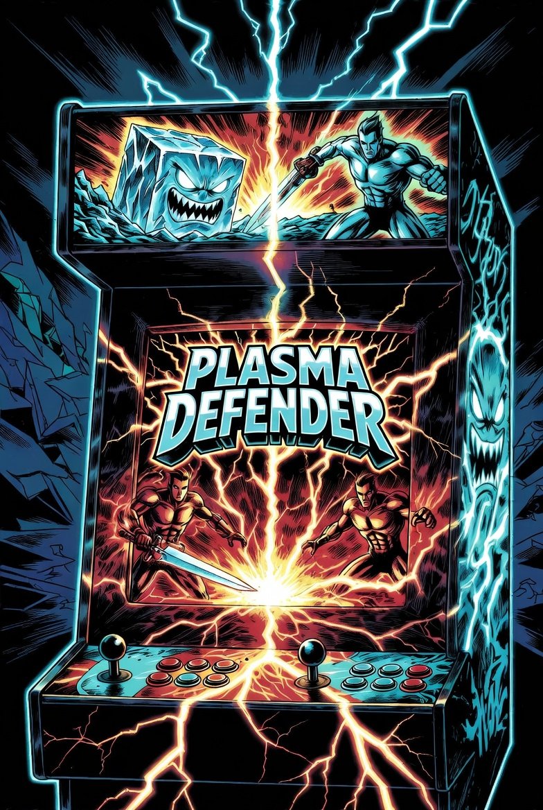 Plasma Defender arcade cabinet — comic-art panels of a sword-wielding hero facing a fanged ice cube across a crack of lightning, twin joysticks on the deck