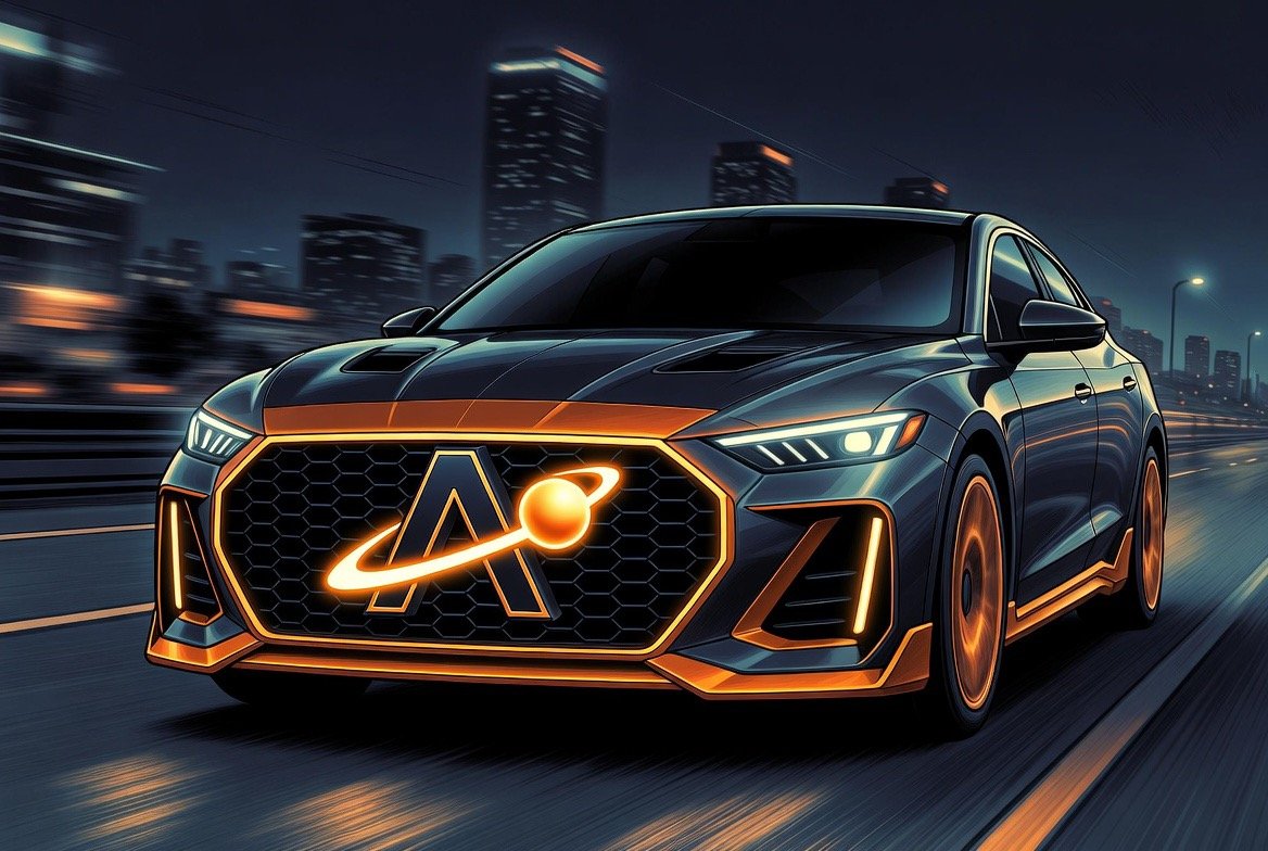 AFG A-Sedan in black and orange — the illuminated A-mark glowing on the honeycomb grille, night city streets blurring behind it