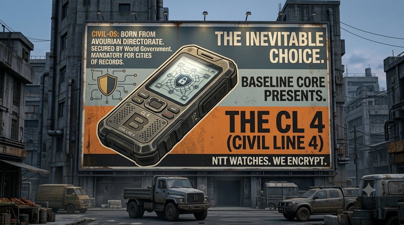 Civil-OS billboard over a city street — a rugged CL 4 (Civil Line 4) handset under the headline 'The Inevitable Choice,' Baseline Core branding, and the line 'NTT Watches. We Encrypt.'