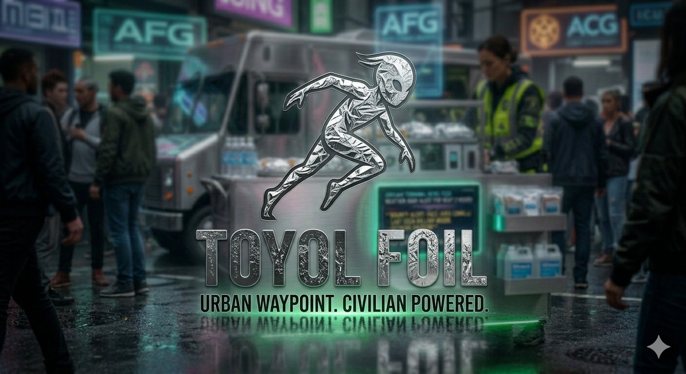 Toyol Foil street visual — the crinkled-foil running figure logo over the name 'Toyol Foil' and the line 'Urban Waypoint. Civilian Powered,' a foil-wrapped food truck serving a city crowd behind it