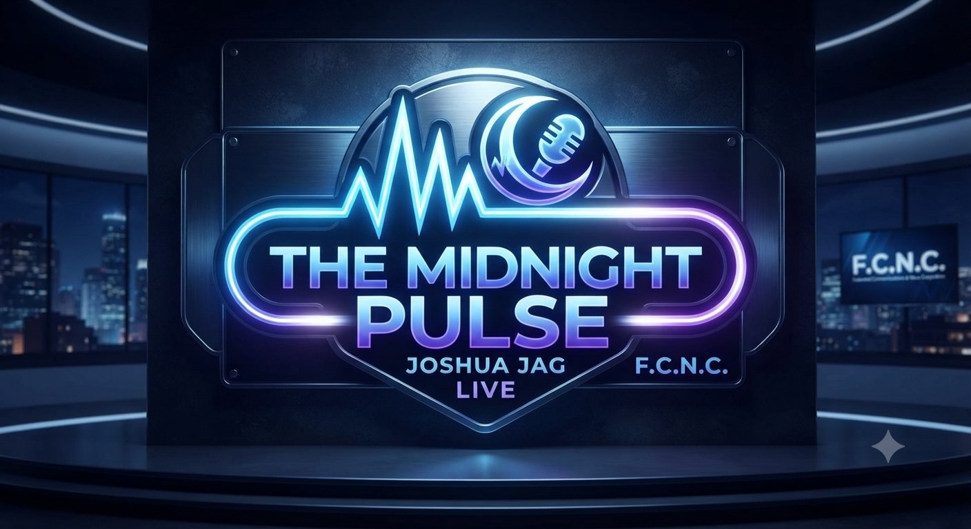 The Midnight Pulse studio sign — a neon F.C.N.C. marquee with a pulse-wave and crescent-moon microphone crest above the words 'The Midnight Pulse — Joshua Jag Live,' on the dark studio stage