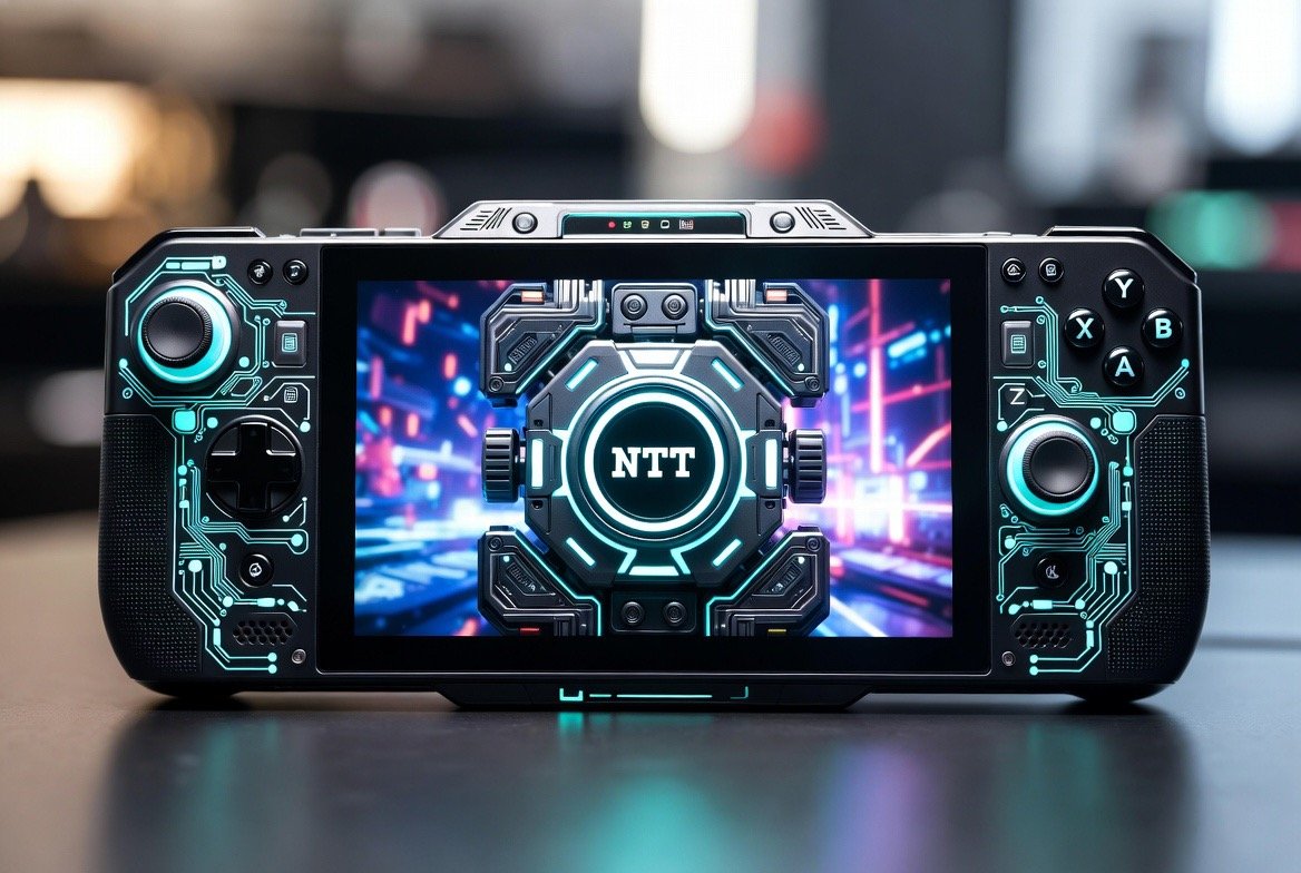 NTT handheld gaming device — a black deck with cyan circuit-etched grips, dual analog sticks, and face buttons, the NTT core emblem glowing on its screen