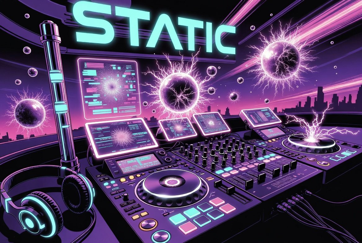 Inside the STATIC DJ booth — twin turntable decks and mixers under a glowing cyan 'STATIC' sign, crackling plasma orbs floating over the booth, the city skyline behind