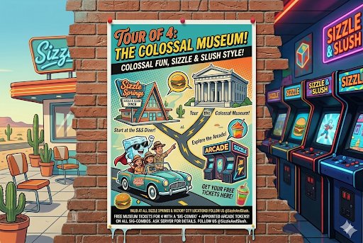 Tour of 4: The Colossal Museum promo poster pinned to a brick wall beside Sizzle & Slush arcade cabinets — a cartoon road-trip route from the Sizzle Springs S&S Diner to the Colossal Museum and the arcade, under the headline 'Colossal Fun, Sizzle & Slush Style!'