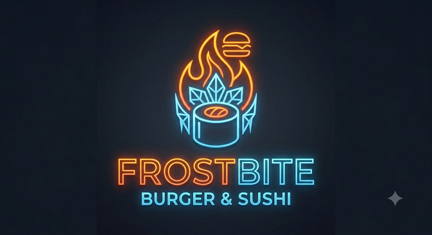 Frostbite Burger & Sushi neon sign — an orange flame and burger over a cyan ice-crystal sushi roll, above the name 'Frostbite' in orange and cyan neon and the words 'Burger & Sushi'