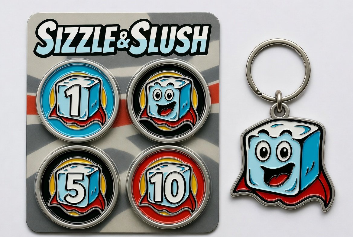 Sizzle & Slush collector merch — a carded set of enamel pins numbered 1, 5, and 10 with the smiling ice cube mascot, beside a matching ice cube keychain wearing a red cape