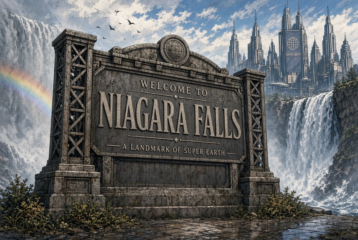 Niagara Falls — the stone entrance monument reading 'Welcome to Niagara Falls — A Landmark of Super-Earth,' waterfalls thundering on both sides beneath a rainbow, the city's towers rising behind