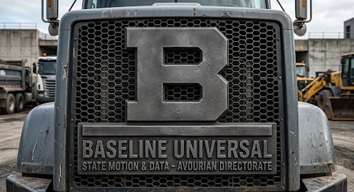 A Baseline Universal heavy truck grille — a cast-metal B badge over the plate 'Baseline Universal — State Motion & Data — Avourian Directorate,' in a working yard