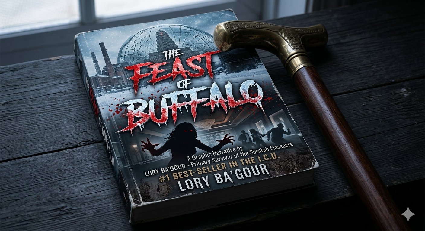 The Feast of Buffalo by Lory Ba'gour — the book resting on a dark wooden table beside a brass-handled cane: a snowbound domed factory city over a red-eyed, clawed silhouette, and the lines 'A Graphic Narrative by Lory Ba'gour — Primary Survivor of the Soratah Massacre' and '#1 Best-Seller in the I.C.U.'