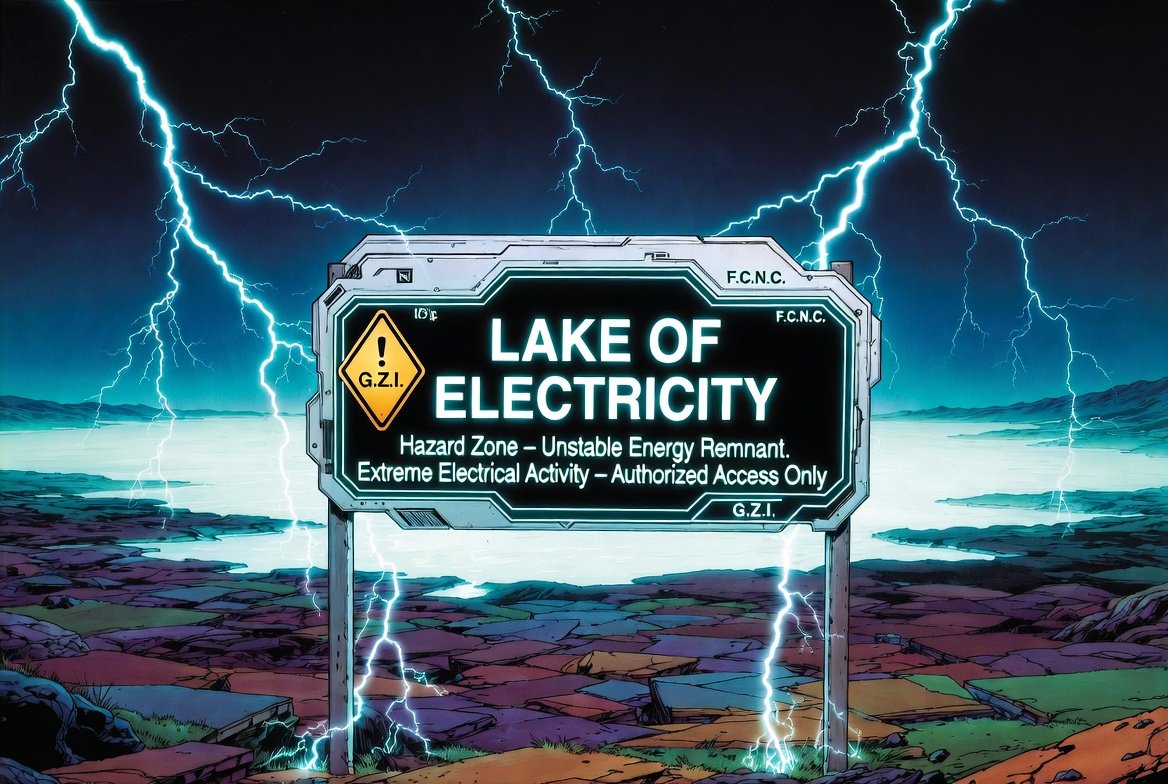 The Lake of Electricity hazard sign — a G.Z.I. / F.C.N.C. board reading 'Lake of Electricity — Hazard Zone, Unstable Energy Remnant, Extreme Electrical Activity, Authorized Access Only,' lightning striking the shore all around it