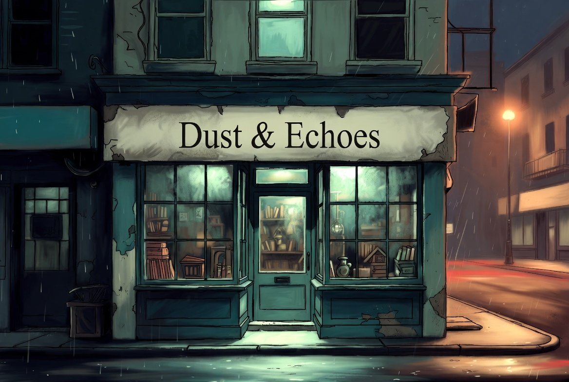 Dust & Echoes bookstore — a weathered teal storefront on a rainy night corner, hand-lettered sign over fogged windows with shelves of books glowing behind the glass