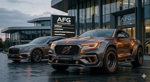 The AFG Endure GT at the AFG Venture Division showroom — a bronze grand tourer with the A-mark grille at the glass front, the Averine sedan beside it, under a models board listing the Averine Sedan, the Endure GT Grand Tourer, and the Titan Edition SUV