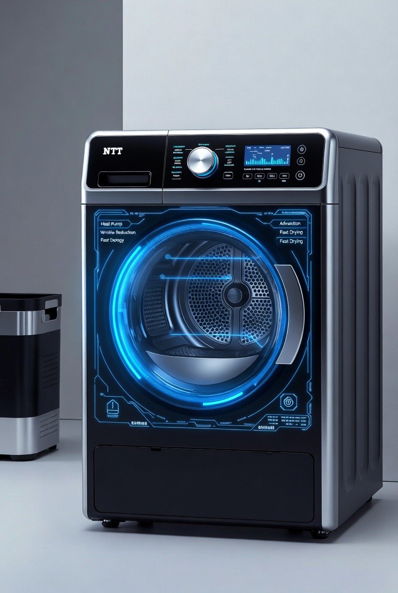 NTT smart dryer — a black and silver heat-pump dryer with a glowing blue holographic drum display, cycle readouts, and NTT branding on the control panel