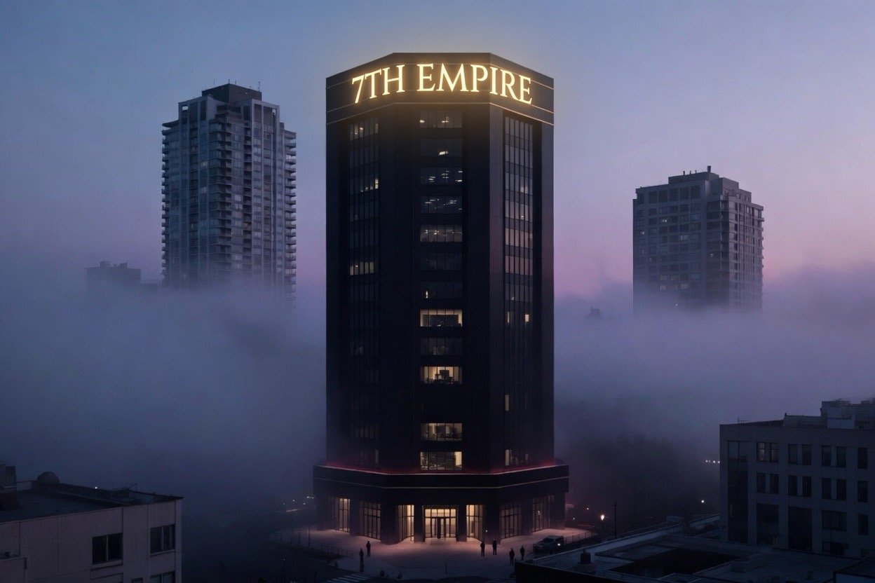 7th Empire headquarters — hexagonal tower with illuminated “7TH EMPIRE” signage rising above a fog-covered city at dusk