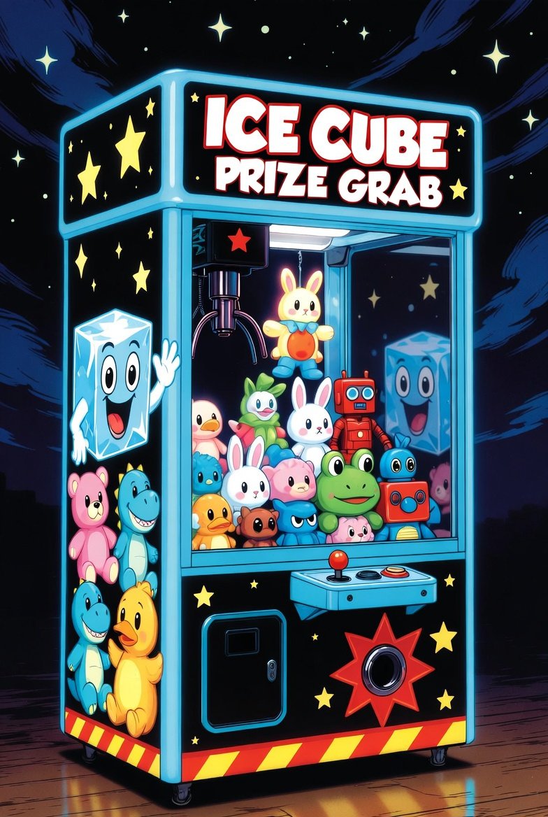 Ice Cube Prize Grab claw machine — a star-spangled cabinet packed with plush toys, the claw lifting a bunny, smiling ice cube mascots painted on the glass