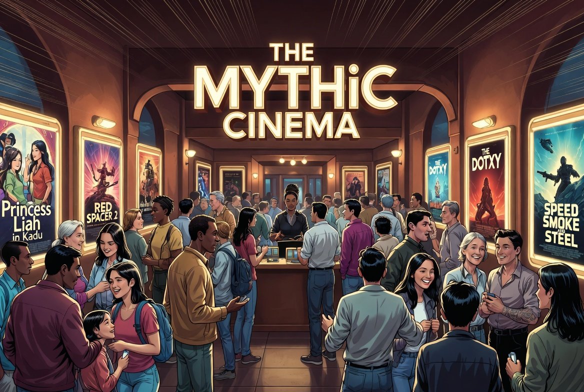 Inside the Mythic Cinema in Soy Mecca — a crowded lobby beneath the glowing 'The Mythic Cinema' marquee, with posters for Princess Liah in Kadu, Red Spacer 2, The Dotxy, and Speed Smoke and Steel lining the walls