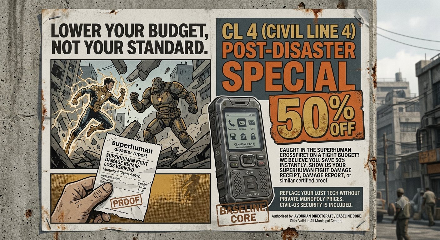 CL 4 Post-Disaster Special poster — 'Lower your budget, not your standard': a comic panel of a superhuman fight, a hand holding a verified superhuman disaster damage report stamped PROOF, the rugged CL 4 handset, and a 50% OFF burst