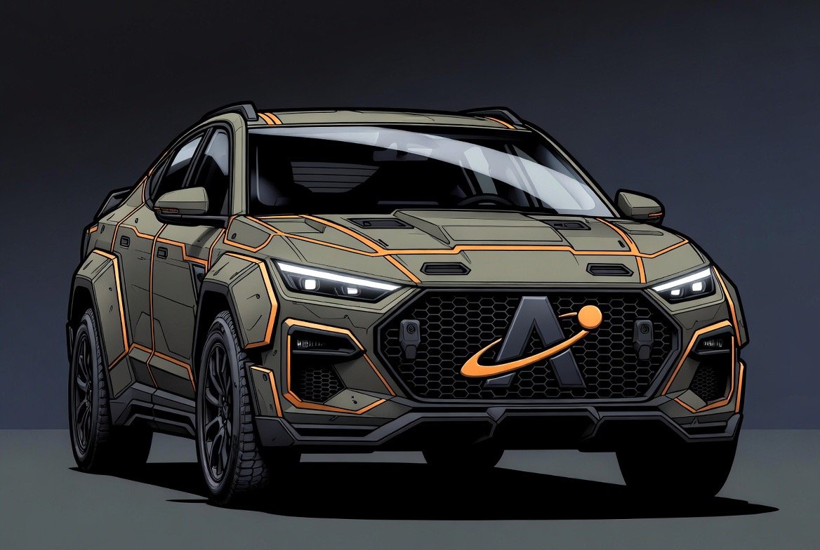 AFG Field SUV in military green with orange seam lines — armored body panels and the A-mark grille badge, studio shot against a dark backdrop