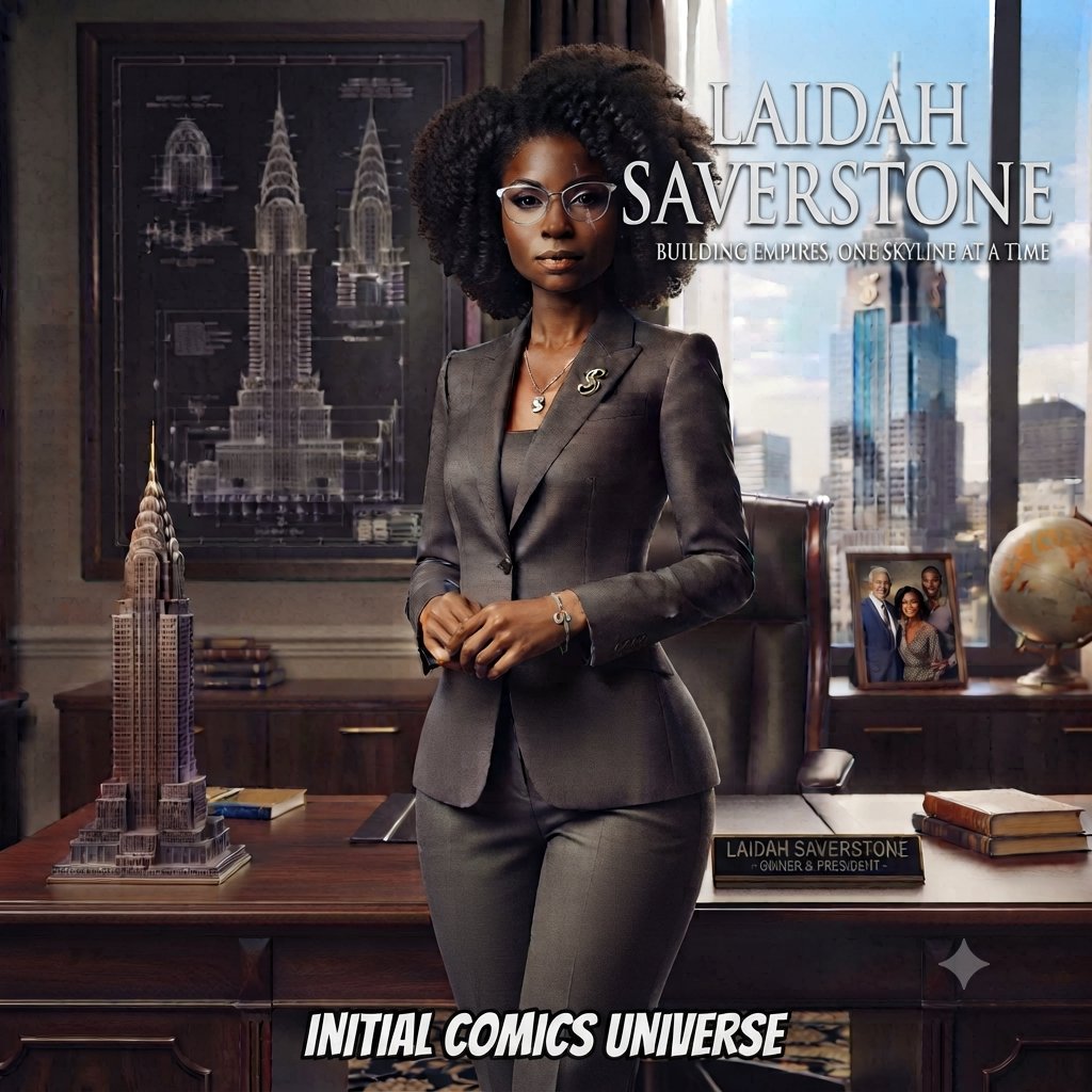Laidah Silverstone — official portrait: owner and president in a gray suit, in her office with a model skyscraper on the desk