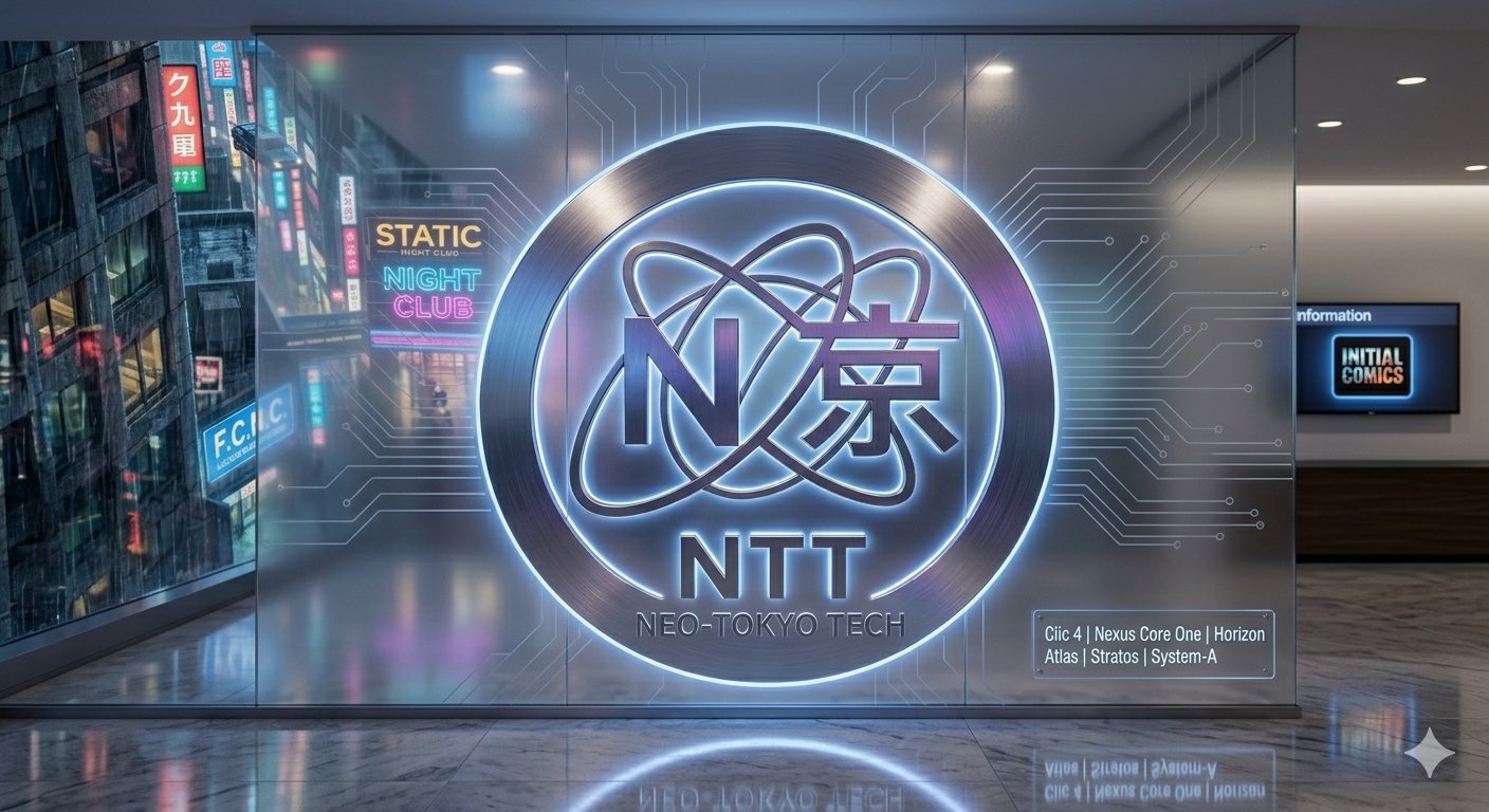Neo-Tokyo Tech headquarters logo wall — a glowing circular NTT emblem with orbiting atomic rings over the name 'NTT — Neo-Tokyo Tech,' the product lines Clic 4, Nexus Core One, Horizon, Atlas, Stratos, and System-A listed on a plaque beside it