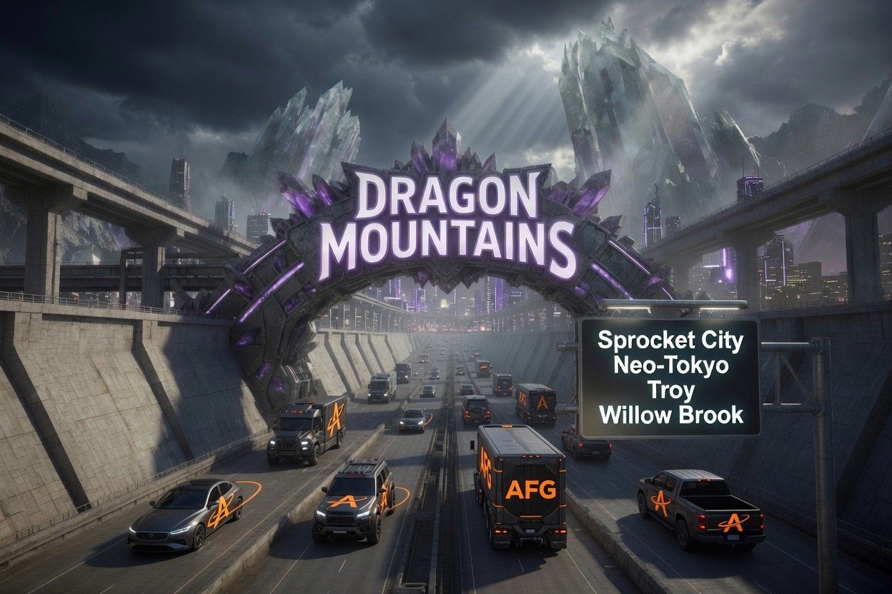 The Dragon Mountains — crystal highway entrance arch over the Great Highway, with road signs for Sprocket City, Neo-Tokyo, Troy, and Willowbrook