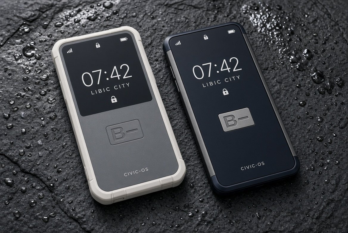 Two Civil-OS handsets on wet black stone, both lock screens reading '07:42 — Libic City' with the B-mark stamped into their shells