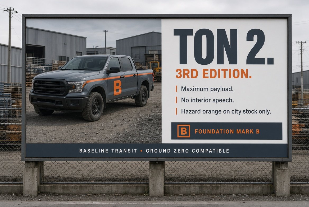 The Ton 2 pickup on a Baseline Transit billboard — a gray B-marked pickup under the headline 'Ton 2 — 3rd Edition: Maximum payload. No interior speech. Hazard orange on city stock only.'