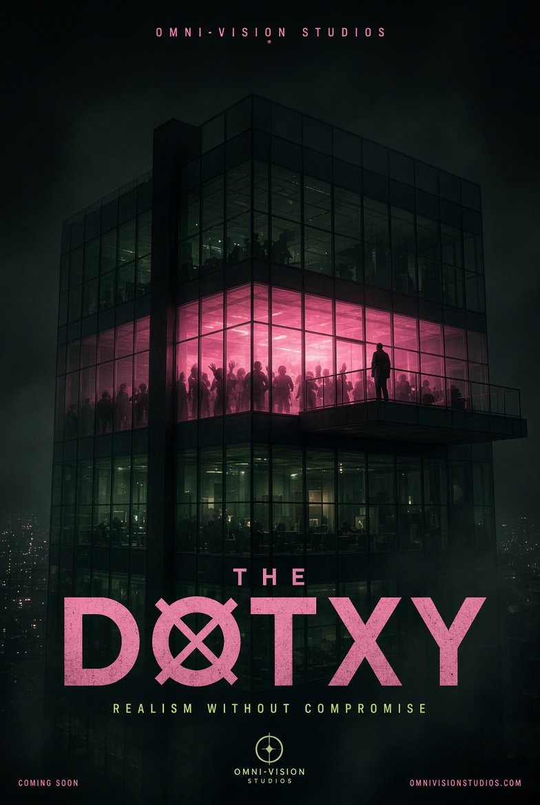 The Dotxy — official Omni-Vision Studios movie poster: a glass tower at night with one floor lit pink and crowded with silhouetted figures, a lone man on the balcony, tagline 'Realism Without Compromise'