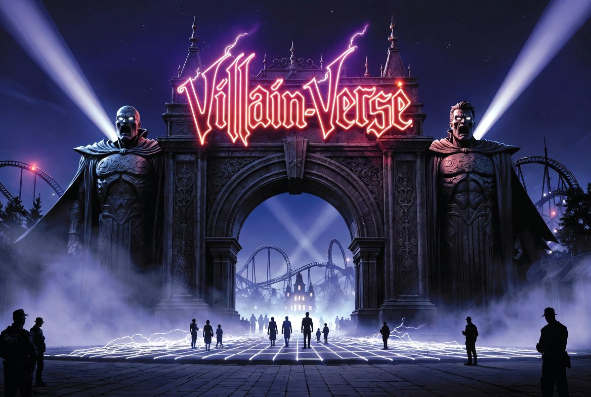 The Villain-Verse theme park entrance at night — a stone arch with red neon 'Villain-Verse' signage flanked by two colossal villain statues with searchlight eyes, roller coasters rising through the fog behind the gates