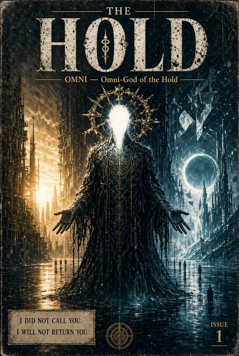 The Hold, Issue 1 — official comic cover: Omni, the faceless Omni-God crowned with a spiked golden halo, standing in black water between the two shores, above the words 'I did not call you. I will not return you.'