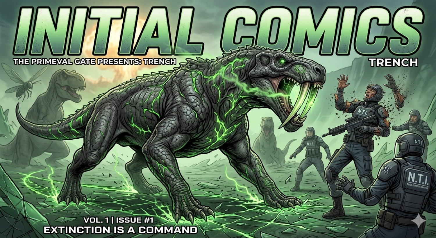 Trench, Issue #1 — official comic cover: a massive saber-fanged primeval predator veined with glowing green energy lunging at N.T.I. troopers, bannered 'The Primeval Gate Presents: Trench' with the tagline 'Extinction is a command'