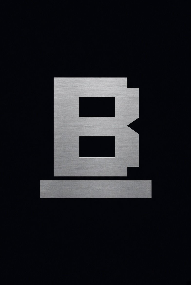 The Baseline B logo — a brushed-metal block 'B' over a base bar, on black