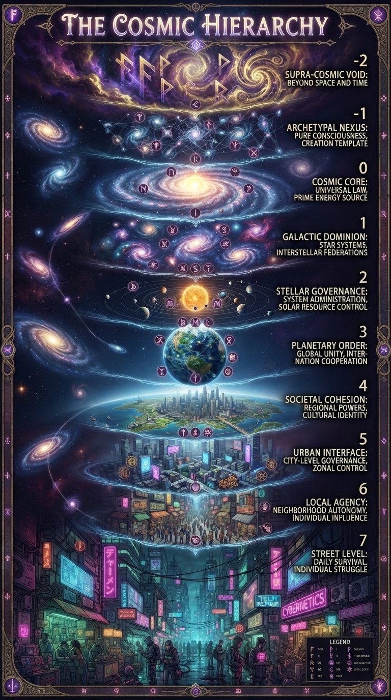 The Cosmic Hierarchy — the Registry's master chart: ten stacked bands of reality from Tier −2, the Supra-Cosmic Void beyond space and time, down through the Archetypal Nexus, the Cosmic Core, Galactic Dominion, Stellar Governance, Planetary Order, Societal Cohesion, and the Urban Interface, to Tier 7 street level — daily survival on a neon city street