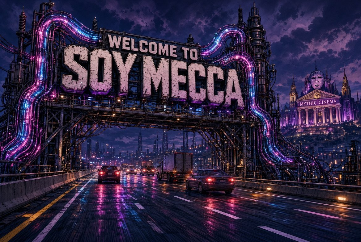 The Soy Mecca entrance — a colossal industrial gantry sign reading 'Welcome to Soy Mecca' wrapped in glowing pink and blue conduits, traffic streaming beneath it at night with the Mythic Cinema visible on the hill beyond