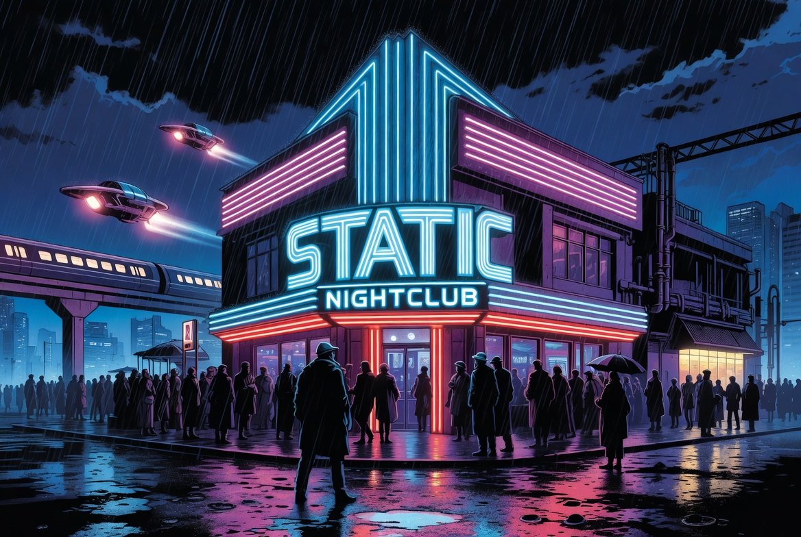 STATIC Nightclub exterior at night in the rain — a corner building wrapped in blue, pink, and red neon with a towering 'STATIC NIGHTCLUB' sign, a queue of citizens at the doors, a maglev train and flying cars passing
