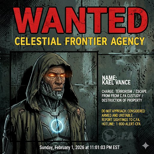 C.F.A. wanted poster — 'WANTED — Celestial Frontier Agency': a hooded, armored Kael Vance with glowing orange eyes; charges of terrorism, escape from C.F.A. custody, and destruction of property; 'Do not approach — considered armed and unstable'; hotline 1-800-ALERT-CFA; dated Sunday, February 1, 2026