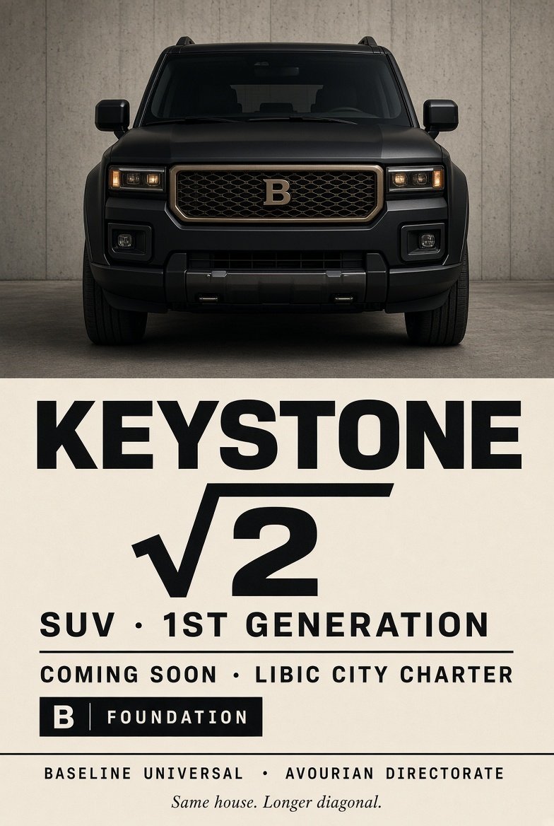 The Keystone √2 SUV — a matte-black B Foundation SUV facing the camera over the poster text 'Keystone √2 — SUV, 1st Generation — Coming Soon, Libic City Charter'