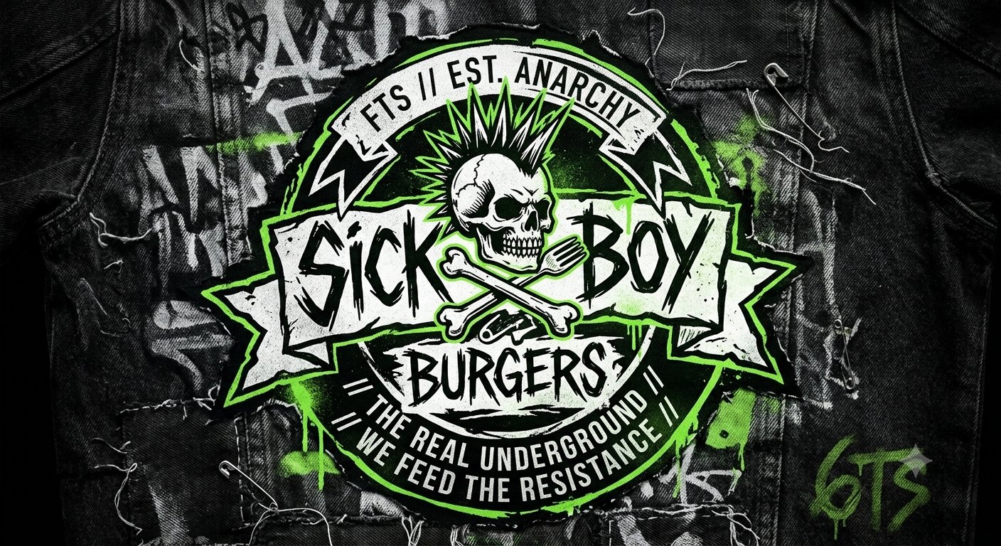 The Sick Boy Burgers anarchy patch sewn on a torn black denim jacket — a mohawked skull over a crossed bone and fork, bannered 'FTS // EST. ANARCHY' and 'The Real Underground // We Feed the Resistance,' in white and acid green